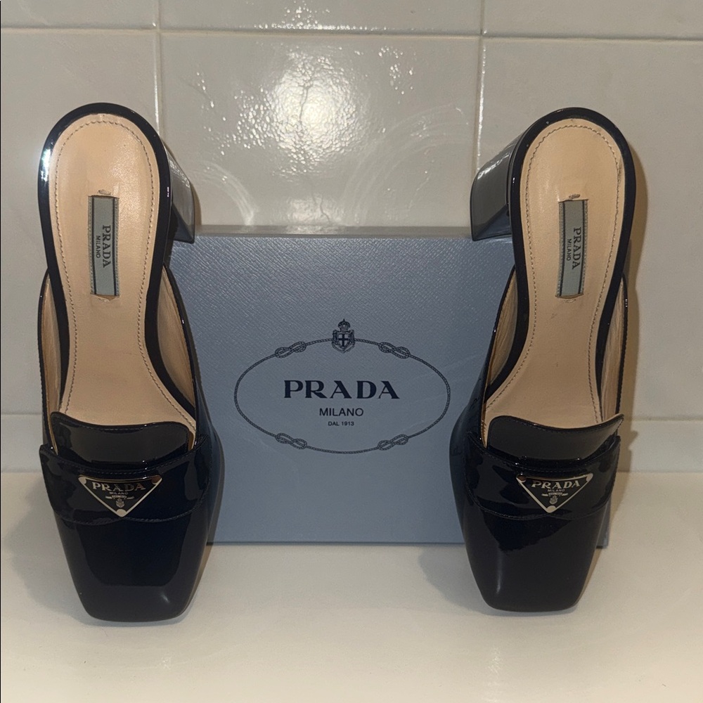 PRADA Women's Patent Leather Loafer Mules - Royal (Navy Blue)